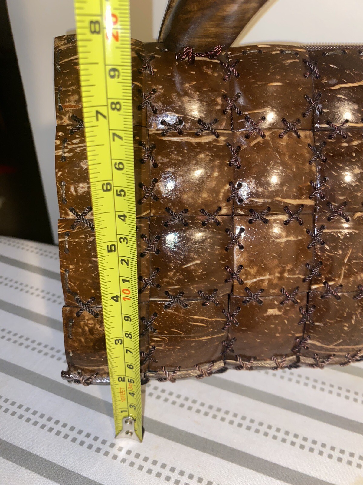 Handmade Coconut Shell Woven Patchwork Brown Zip … - image 11