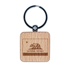 California Flag Engraved Wood Square Keychain Tag Charm