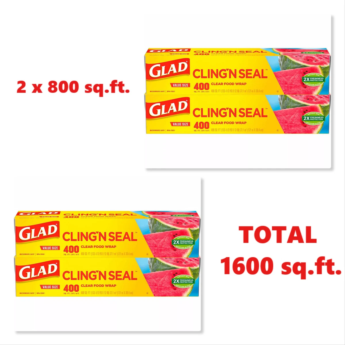 Glad Cling 'N Seal Clear Plastic Food Wrap 2 x (400 sq. ft., 2 pk.) =1600  sq.ft.