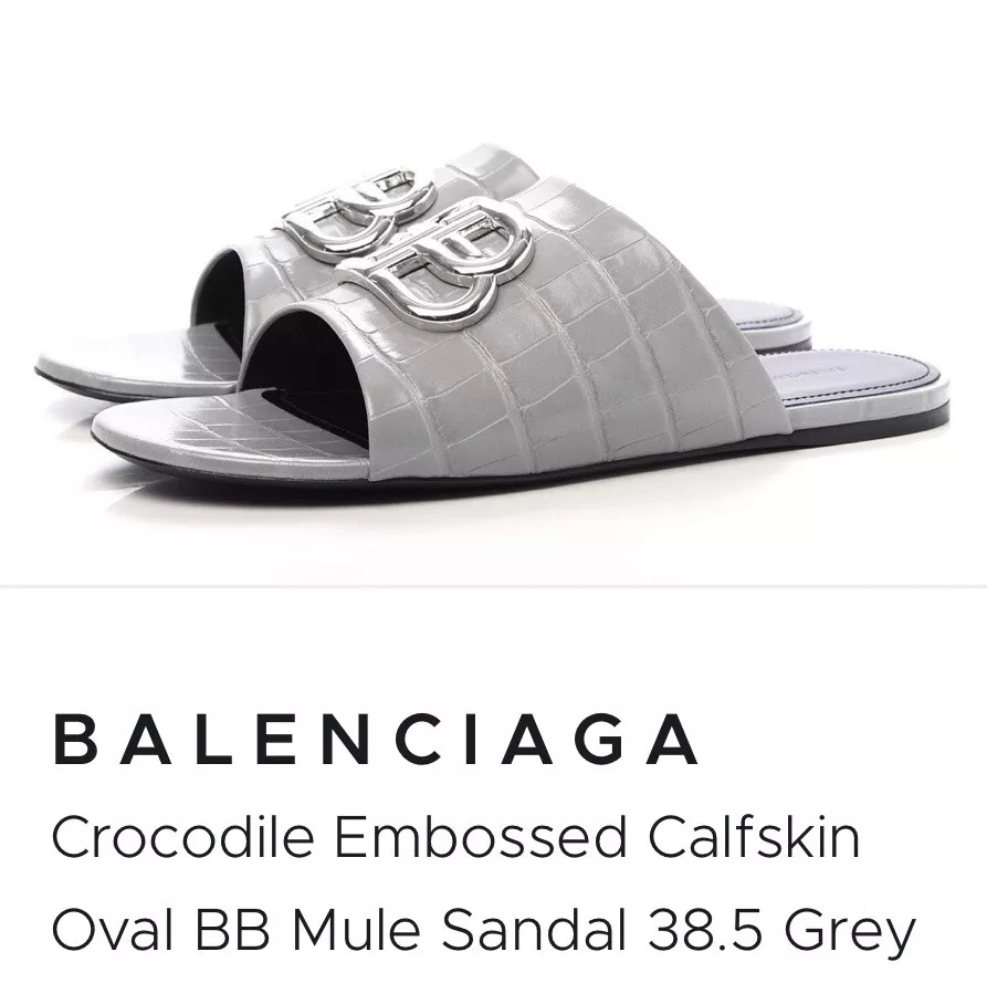 BALENCIAGA Crocodile Embossed Calfskin Oval BB Mule Sandal 38.5