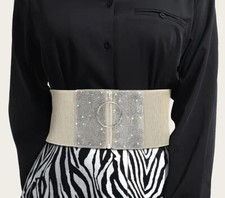 Cream Extra Wide Corset Silver Gems Zipper Pull Buckle Womens Elastic Waist Belt