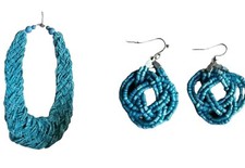NEW Turquoise Braided Seed Bead Necklace and Earrings Boxed Set