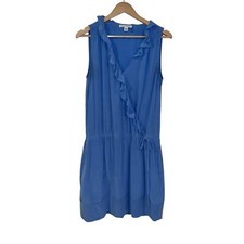 Banana Republic Blue Silk Mini Dress Size 8 Wrap Front Ruffle Trim Sleeveless