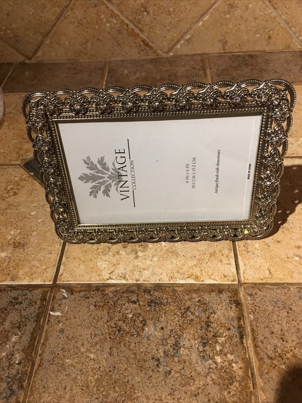 Vintage Ornate Silver W/Rhinestones 4 X 6 Photo Frame Holds 5 5/8 X 3 5/8 Photo