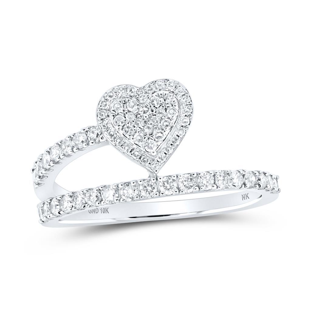 10K White Gold Genuine Diamond Women's Bypass Wrap Heart Halo Band Ring 1/2  CT