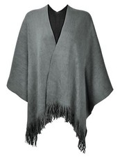 Women's Reversible Winter Knitted Faux Cashmere Fringe Poncho Capes Shawl Bla...