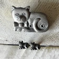 Pewter Cat Kittens Brooch Earrings Set Silver Tone Torino