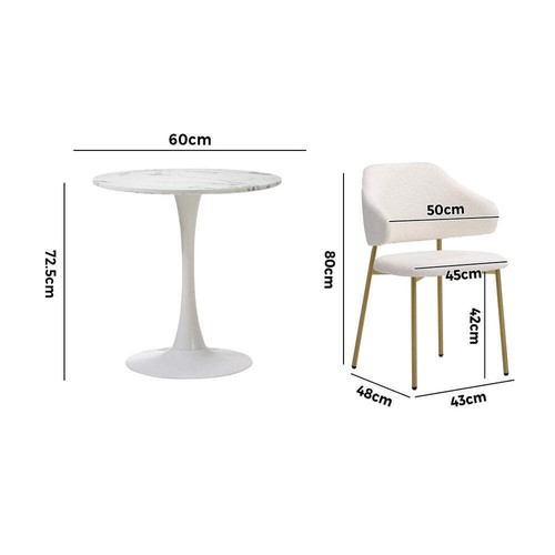 Oikiture 60cm Round Dining Table with 2x Dining Chairs Sherpa Gold&White - Picture 4 of 7