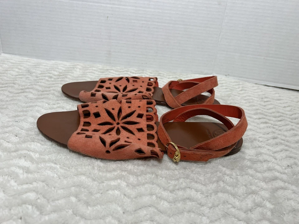 Tory Burch 橙色麂皮绒穿孔五月踝包裹平底凉鞋女式 10M 码 — 第 4/4 张图片