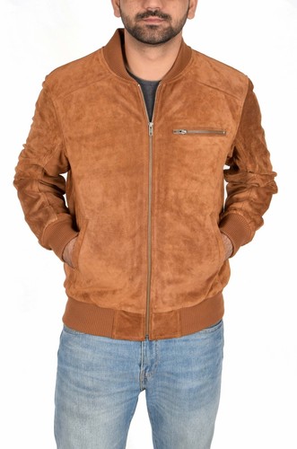 Mens Genuine TAN Suede Bomber Jacket Leather Sports Varsity Baseball Casual Coat - Picture 4 of 57