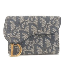 Christian Dior Trotter Card Case Navy Canvas Leather Auth Used