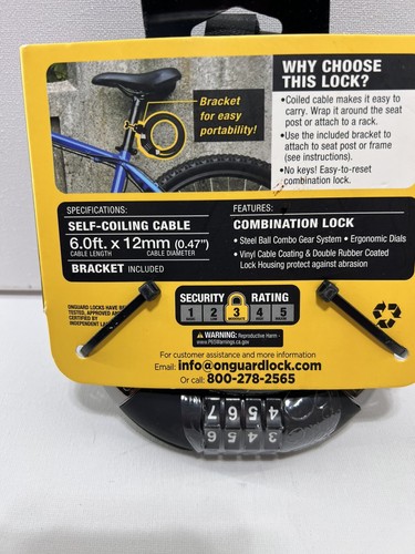 OnGuard Combination Cable Bike Lock 6' x 12mm Diameter Coiled Cable & Bike Mount - Picture 4 of 5