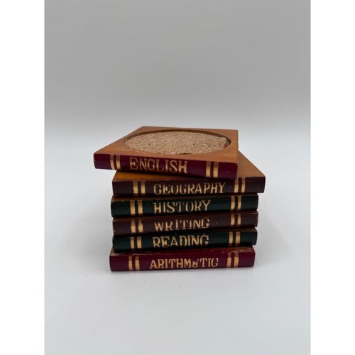 Vintage Wood Book Stack 6 Coasters Set School Subject Gift Decor Rare Booktok - Picture 2 of 6