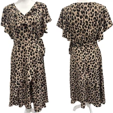 Unique Vintage Leopard Wrap Dress Ruffle Midi Tie Waist Tan Black Pinup Medium