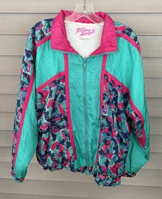 VINTAGE 80s 90s Shell Shock Windbreaker Jacket 2P Petite Pink Teal Abstract READ