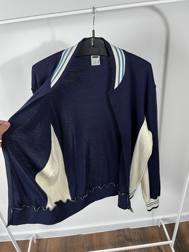 Fila Vintage Wool Full Zip Navy Cream Striped Collar Track Jacket L - Picture 9 of 15