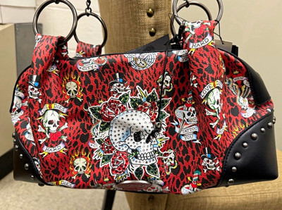 Ed Hardy Love Kills Slowly Skull Print Rhinestone Studded Shoulder Bag Charm