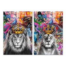2 Pieces 24"x36" Large Size Lion King and Queen with Crown Framed Canvas Wall...