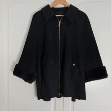 River Island Faux Suede Swing Coat Faux Fur Cuff Black Jacket Size Large