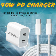 PD 40W Fast Charger Block Type C Adapter For iPhone 15 16 17 Pro Max USB-C Cable
