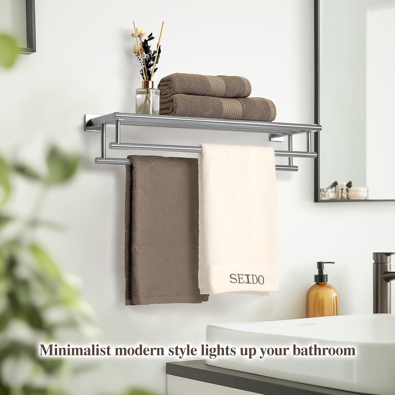 28" Double Towel Rack with Shelf, SUS 304 Stainless Steel, Brushed Nickel Finish