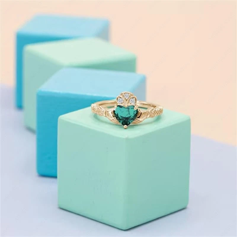 Heart Shape Green Tourmaline Engagement Ring, Unique Claddagh Style Wedding Ring - Image 2 of 4