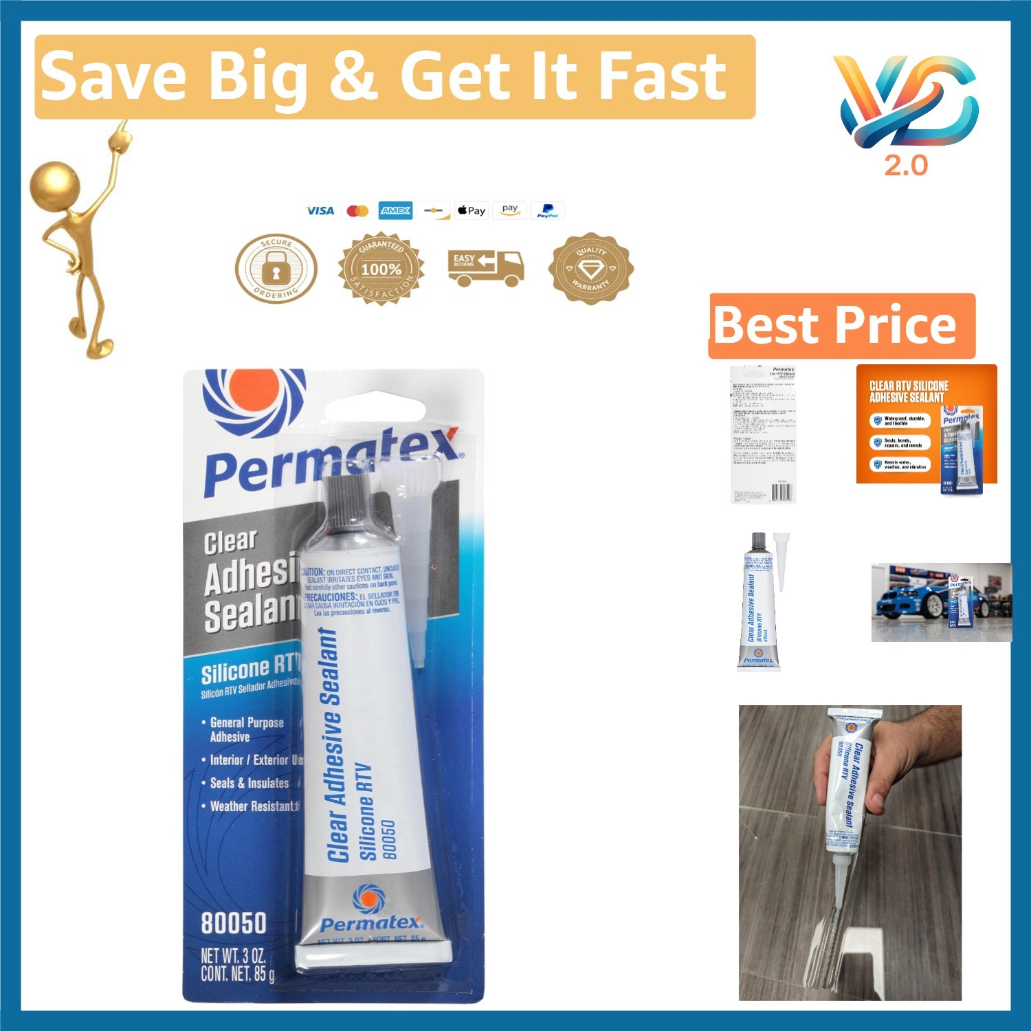 Clear RTV Silicone Sealant 3 oz Waterproof Flexible Bonds Repairs