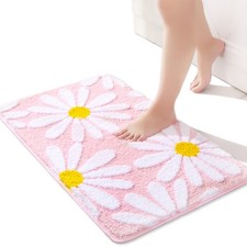 QJHOMO Pink Bathroom Rugs Cute Daisy 1'4" x 2' Rectangular , and White