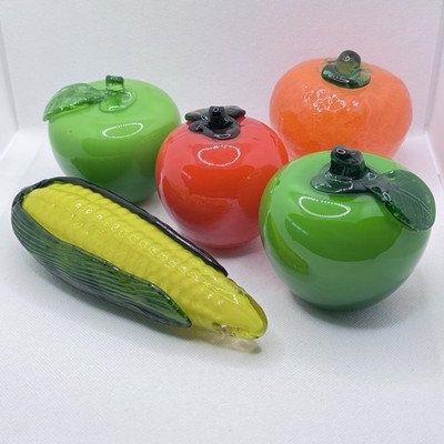 Bundle Lot x 5 MCM Art Glass Fruit & Vegetables Apples Corn Tomato Orange READ