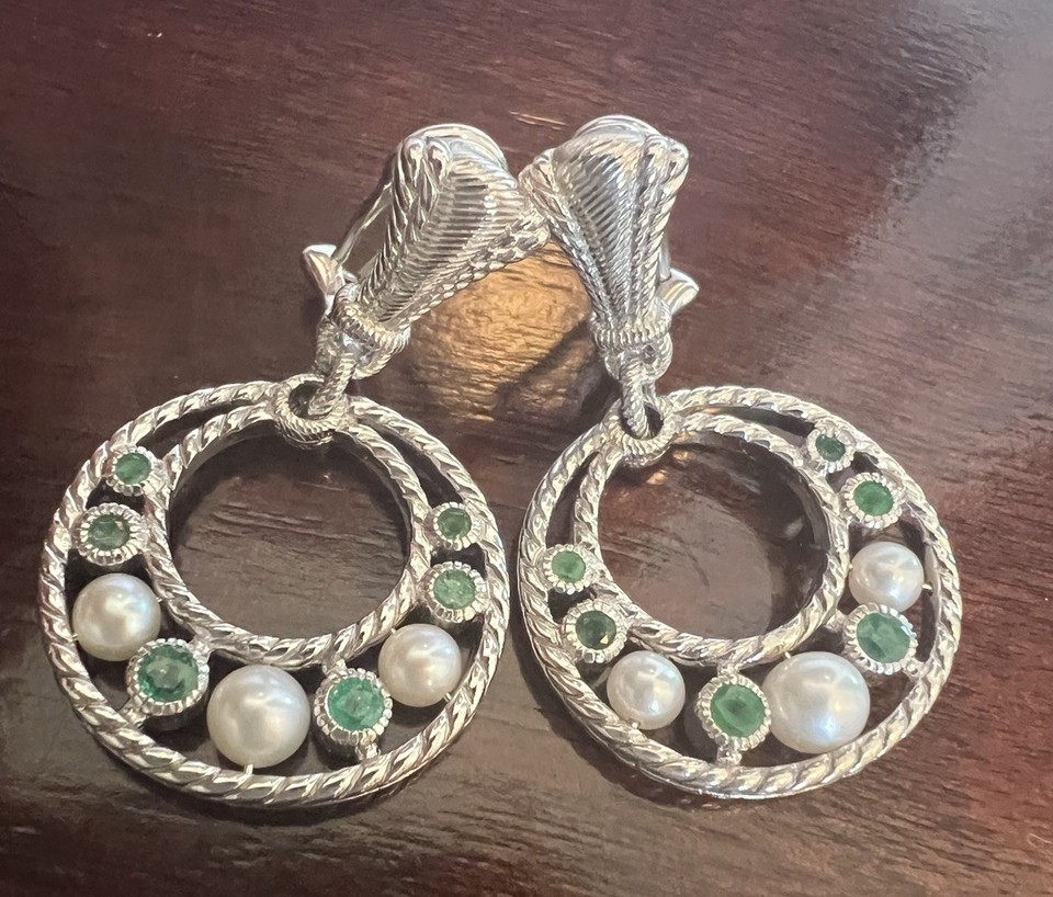 JUDITH RIPKA 925 STERLING SILVER ROUND EMERALD and PEARL OMEGA CLIP ...