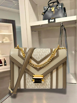 Michael Kors Whitney Women Medium MK Logo Chain Shoulder Bag Vanilla Multi
