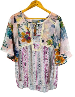 Figueroa Flower Semi-sheer Floral Blouse Top Swiss Dot Ditzy Medium Lace Flutter