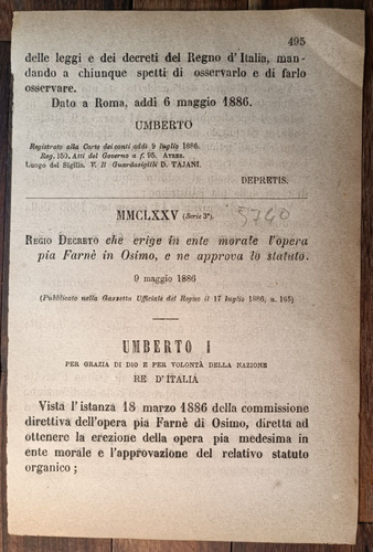 Osimo 1886 Regio Decreto X Opera Pia Farne '-1 PAGINA-5740 - 第 1/1 張圖片