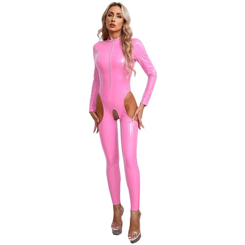 UK Women Shiny Leather Jumpsuit Zipper Front Bodysuit Nightclub Latex Catsuits - Picture 17 of 55