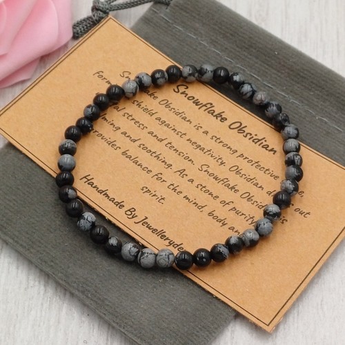 SNOWFLAKE OBSIDIAN Bracelet Stretch Fit Handmade + Gift Bag & Card Gemstone 4mm - Picture 2 of 5