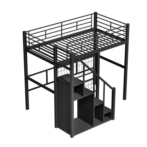 Twin Size Metal Loft Bed with Storage Staircase and Small Wardrobe, Black - Picture 13 of 18