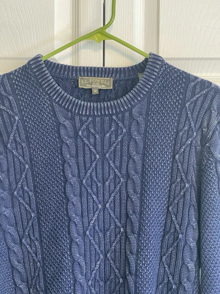 Suéter de pescador de algodón Pima tejido con cable cuello redondo J. L. Powell para hombre talla mediana Foto 2 de 4