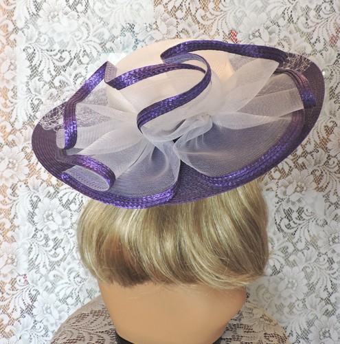 Vintage Ladies Purple & White Church Derby Garden Party Wide Brim Hat - Picture 3 of 6