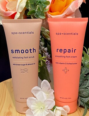 2 Pc Set SPA SCENTIALS Repair Smoothing Foot Cream & Exfoliating Foot Scrub New!