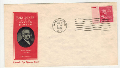 1938 PRESIDENTIAL SERIES ELECTRIC EYE FDC BY IOOR 806 JOHN ADAMS EE CACHET