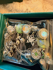 Silver Tone Snake Chain Charm Bracelet Multicolor Bead Charms Lobster + Box