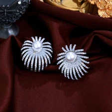 CWWZircons Silver Plated CZ Micro Pave Fireworks Pearl Earrings Bridal Jewelry