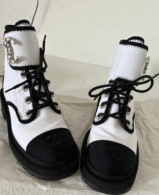 CHANEL Quilted Leather Combat Boots White Black Logo Chain Women's
