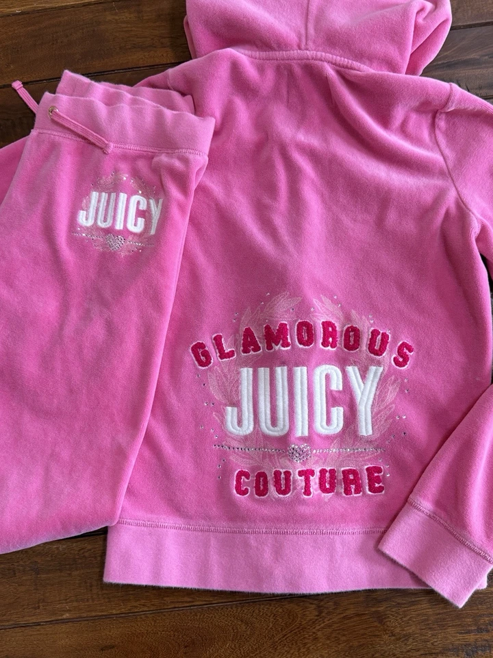 JUICY COUTURE Rosa Terciopelo Chándal Sudadera con Capucha Pantalones Niñas Niños Bordados XL 7 8 Foto 4 de 4