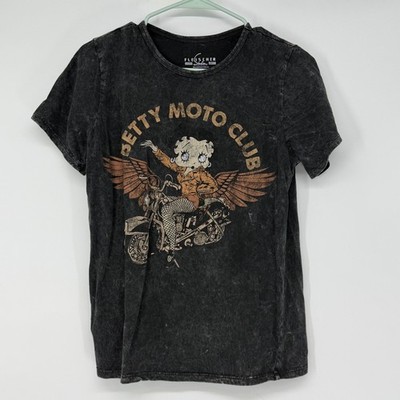 Fleischer Studios Betty Boop Moto Club Biker Graphic Tee Acid Wash Black XL
