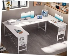  71 Inch Large Computer Desk with Power Outlets,U Shaped Corner 71 inch White