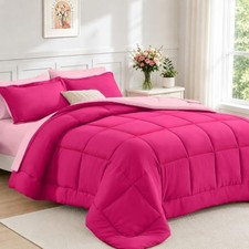 Queen Comforter Set 7 Pieces, Reversible Bed Queen 88"x 88" Hot Pink/Pink