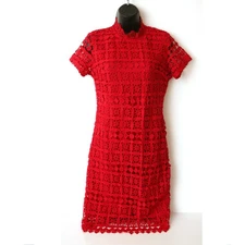 Red Lace Overlay Mini Bodycon Sheath Short Sleeve High Neck Dress Size 8 Eur 36