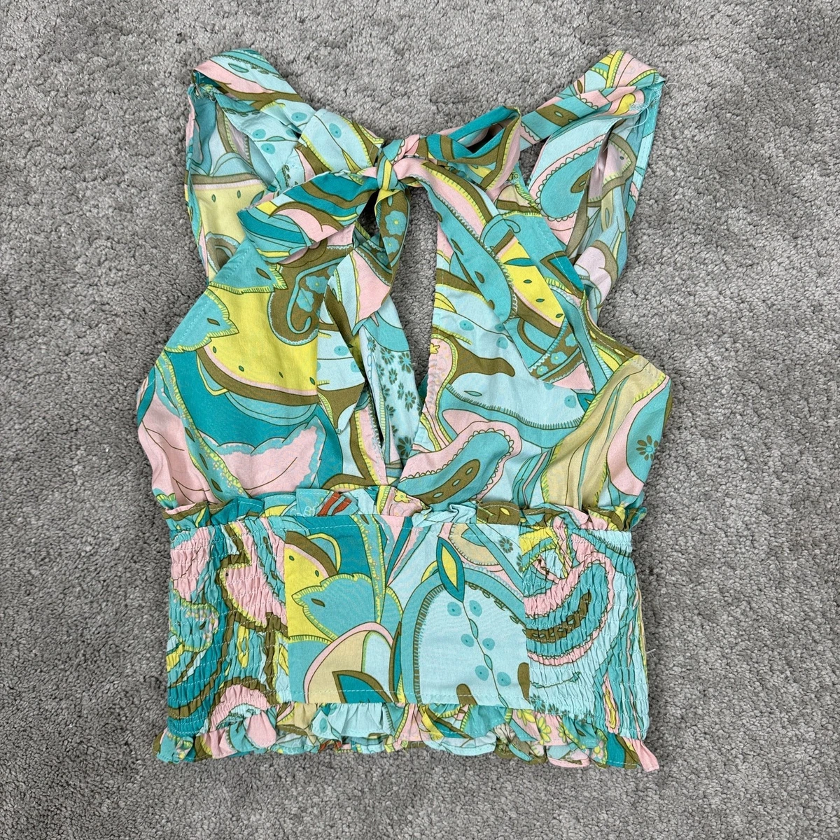 Milk & Honey Paisley Halter Tank Top Tie Neck Pastel Blue Pink Teal Hippie Retro