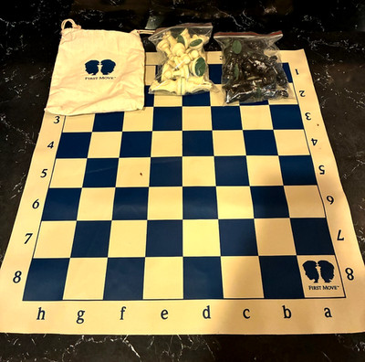 First Move White/Blue Portable Chess Set Complete W/ Carrying Bag 3.75''